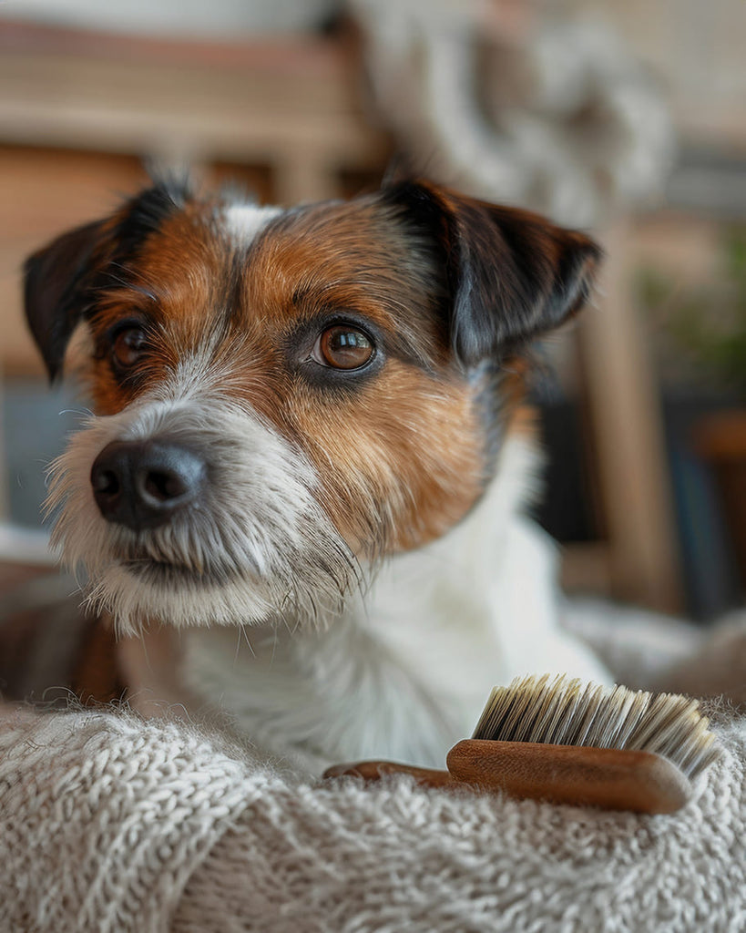 Hund liegt in seinem Hundebett und neben ihm eine Hundebürste