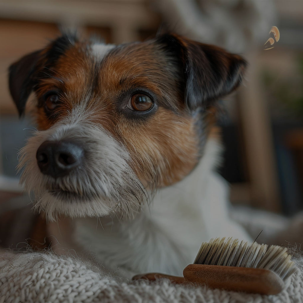 Hund liegt im Hundebett mit einer Hundebürste