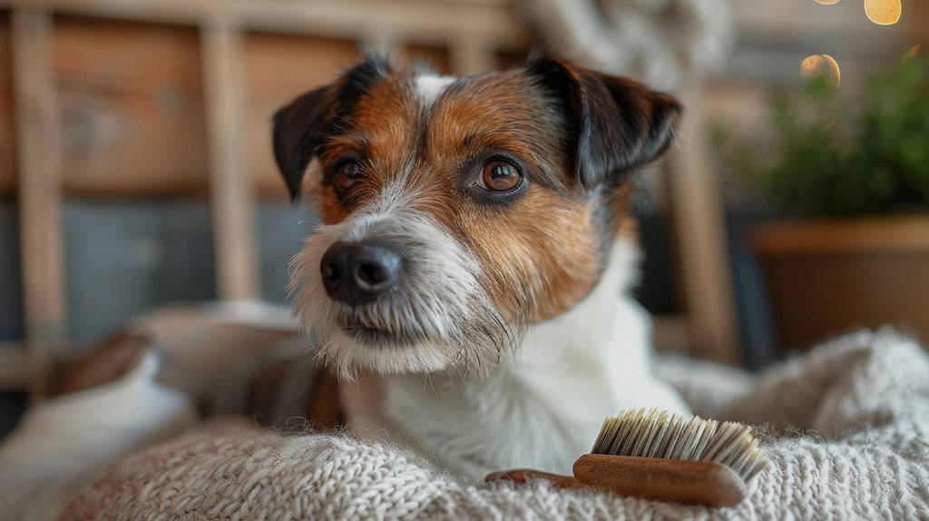 Hund liegt in seinem Körbchen und vor ihm eine Hundebürste