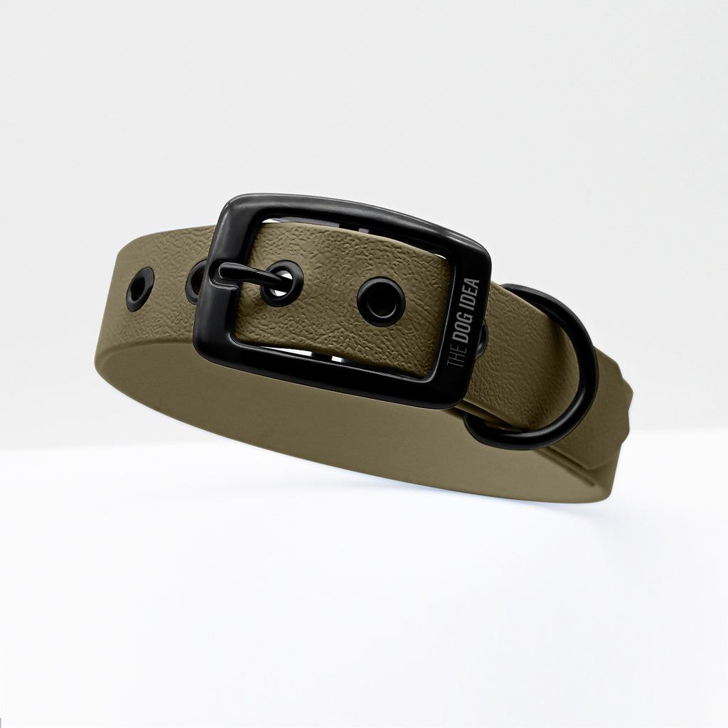 Biothane Hundehalsband in Khaki mit schwarzer Schanlle